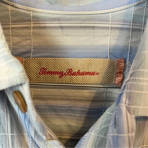 Tommy Bahama Blue-White-Gray Striped Short Sleeve Shirt in Size Medium - Picture 2 of 6